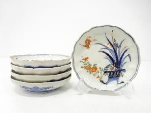 古伊万里　染付赤絵　鶴に花　小皿　5客揃